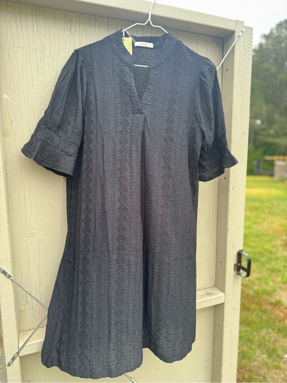 Textured Black Mini Dress with Split V Neck